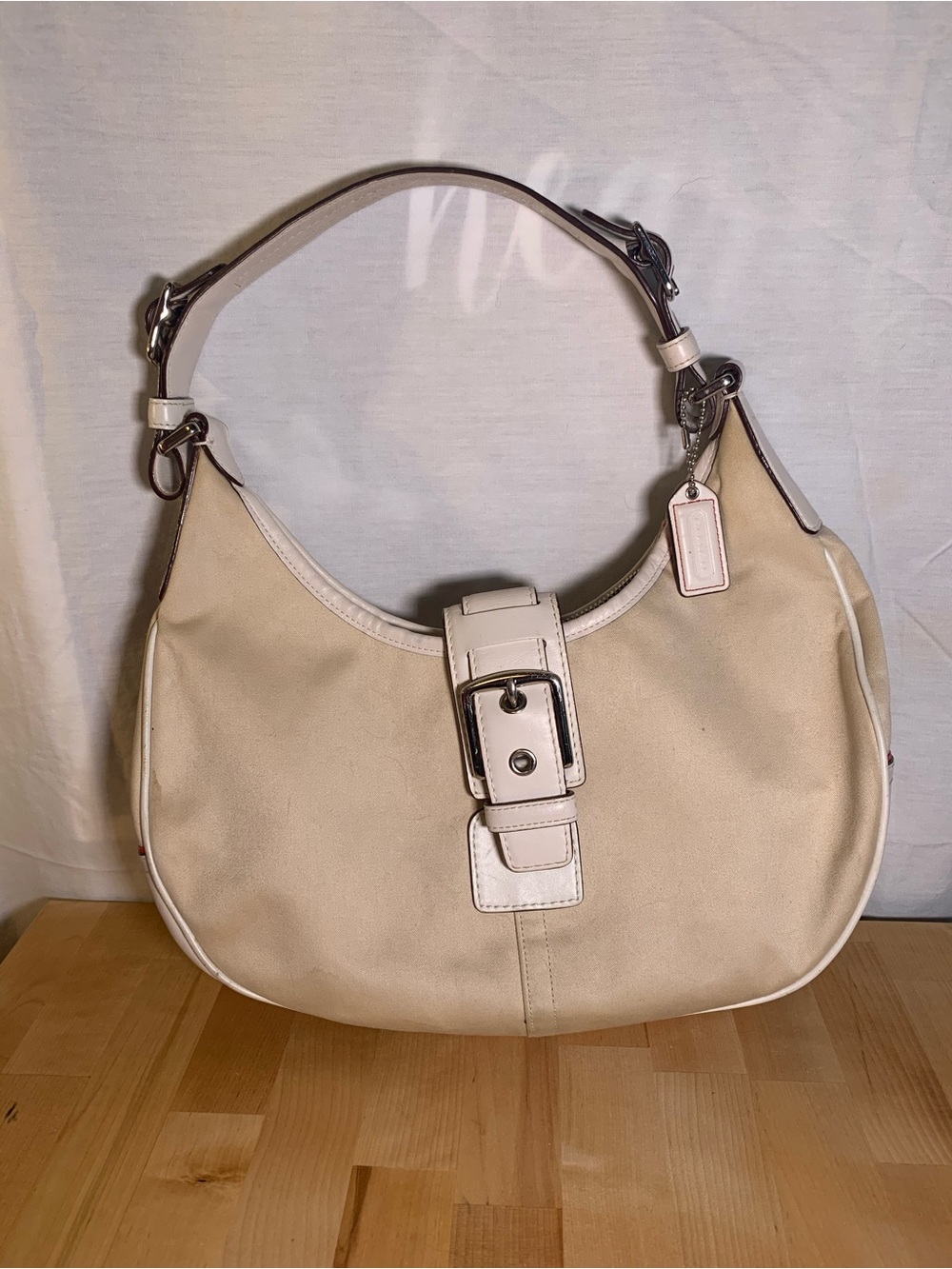 Coach Hampton Soho Ivory Canvas White Leather Bag with Buckle